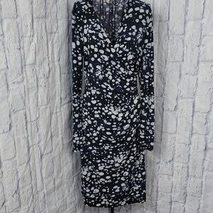 Anne Klein Women's Navy Printed Long‎ Sleeve Wrap Dress Medium
